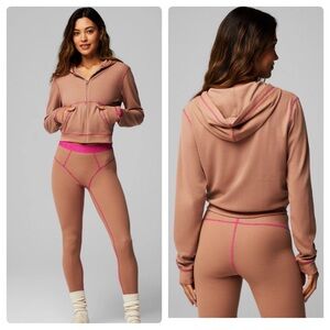 NEW Fabletics Full Zip-Up Waffle Hoodie in Teddy/Fuchsia (Tan / Pink) in Large
